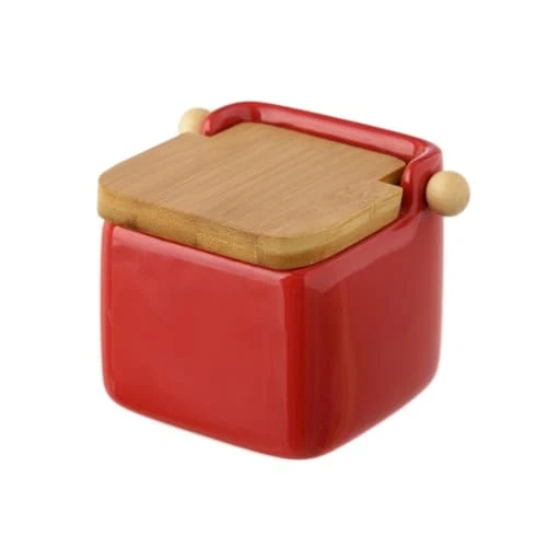 Wadiga Pot à Sel En Céramique Rouge Et Couvercle Bambou - 12x12x11cm 3 Wadiga Pot à Sel En Céramique Rouge Et Couvercle Bambou - 12x12x11cm