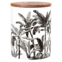 Maisons Du Monde Pot En Porcelaine Blanche Et Noire Imprimé Palmes Et Couvercle En Acacia H15