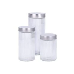 Wadiga Set De 3 Bocaux De Cuisine Hermétique Verre Strié Et Métal Chromé