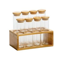 Wadiga Set De 8 Pots à épices En Verre Et Support En Bambou 18,5x10x16,5cm